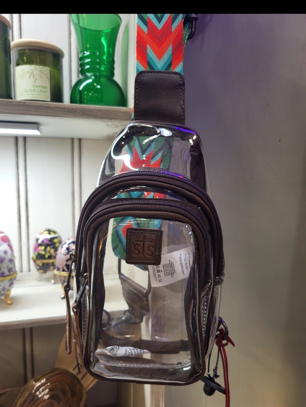 STS Ranchwear Clear Sling Bag with Brown Trim and Multicolor Strap